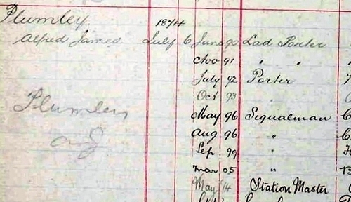 Alfred's entry in the G.W.R. staff ledger.